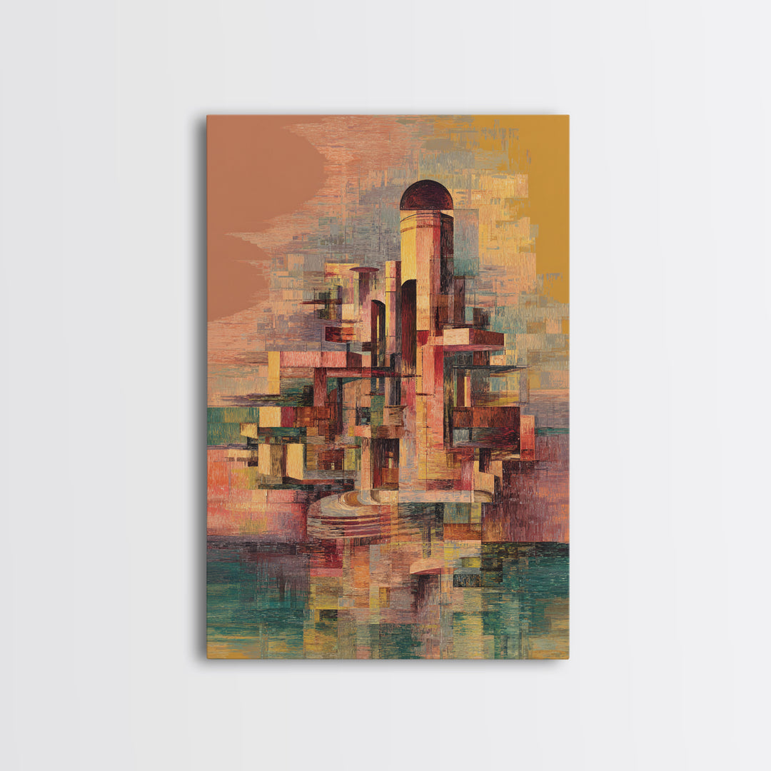 Abstract Futurist Tower City Canvas Print, Modern Geometric Architecture Art, Terracotta Teal Statement Wall Decor Gift For Him