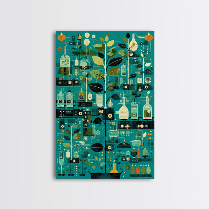 Botanical Science Laboratory Wall Art, Teal Green Plant Illustration, Modern Digital Art For Office Decor And Unique Gift