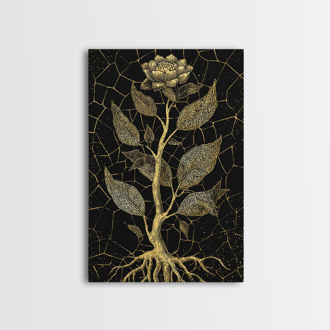 Gold Botanical Rose Canvas Print, Black And Gold Floral Line Art, Elegant Minimalist Wall Decor For Bedroom Home Decor Gift