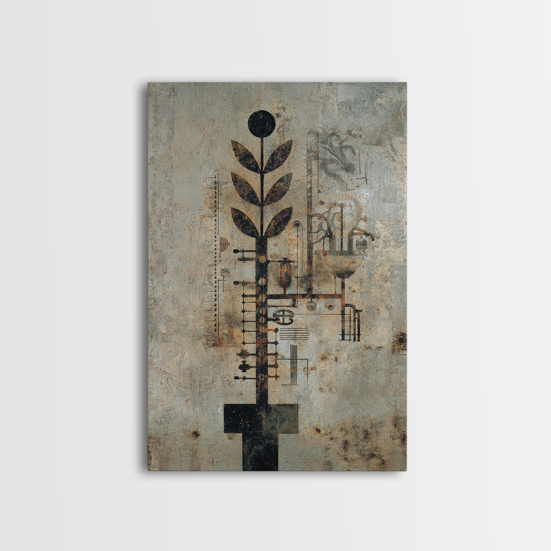 Rustic Industrial Botanical Wall Art, Abstract Plant Machinery Painting, Earth Tone Textured Art Print For Modern Office Decor
