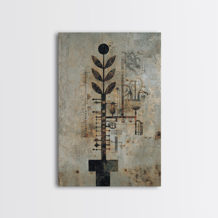Rustic Industrial Botanical Wall Art, Abstract Plant Machinery Painting, Earth Tone Textured Art Print For Modern Office Decor