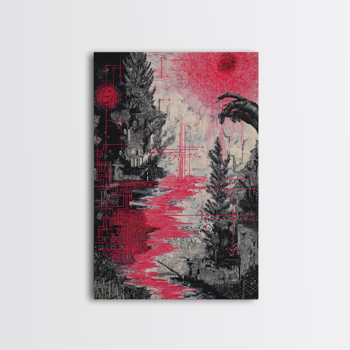 Surreal Red And Black Landscape Canvas Print, Mystical Abstract Art, Gothic Nature Scene Art For Bold Modern Wall Decor Gift