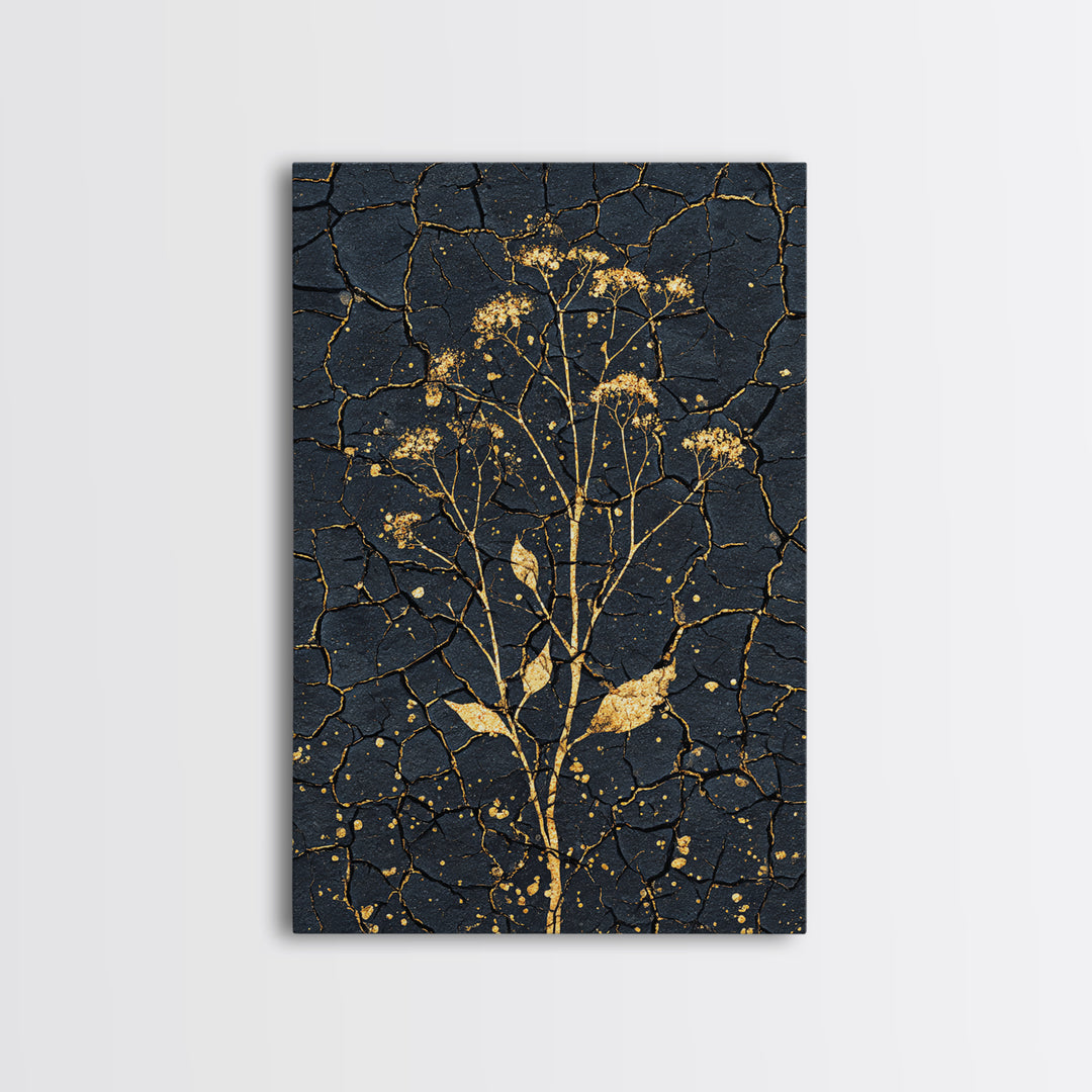 Gold Wildflower On Cracked Black Wall Art, Elegant Botanical Art Print, Black And Gold Design For Bedroom Home Decor Gift