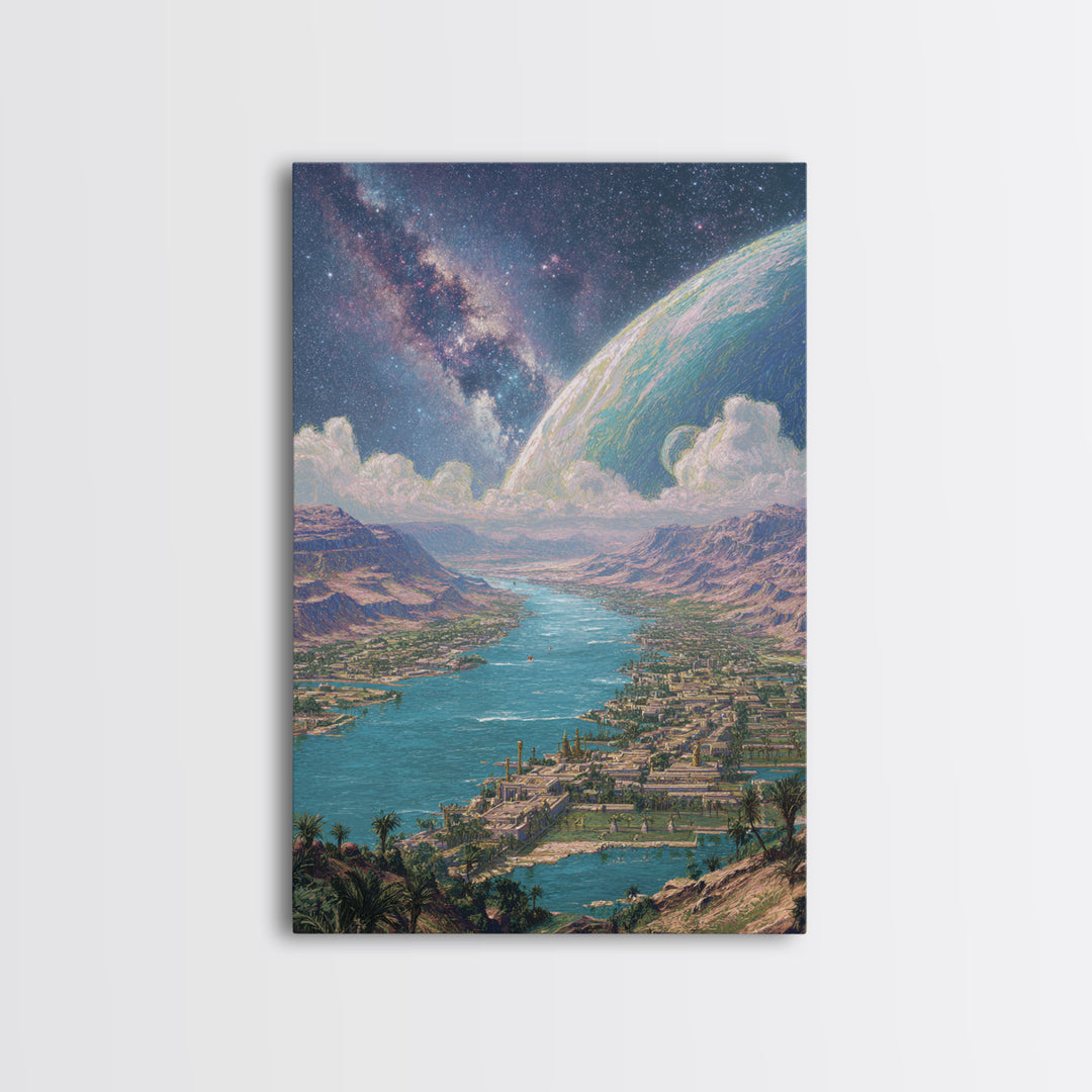 Cosmic River Valley Planet Canvas Print, Dreamy Sci Fi Landscape Art, Large Wall Art For Living Room Statement Decor And Gift