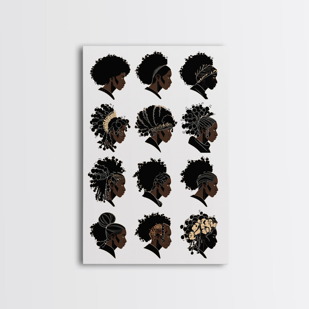 Black Women Hairstyle Portraits Wall Art, Afrocentric Illustration, African Woman Art Print For Salon Decor And Gift For Her