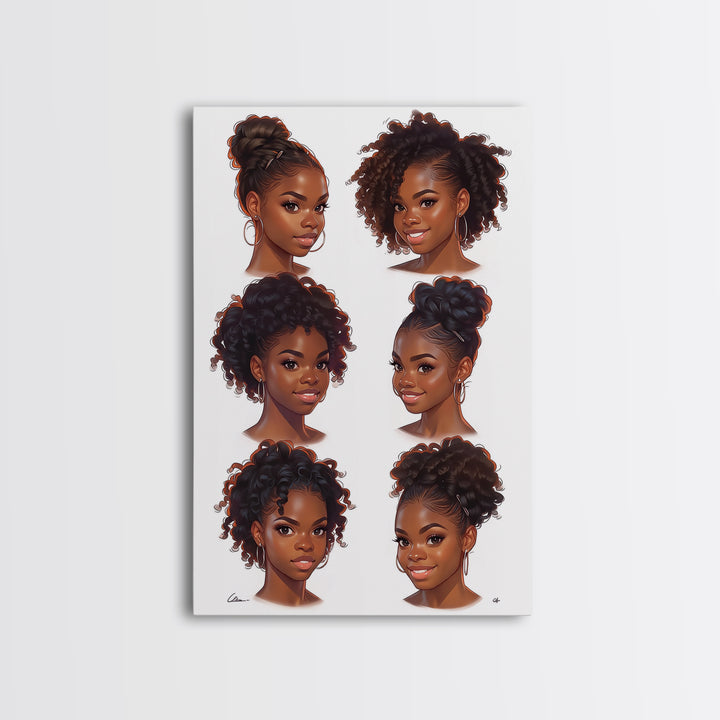 Six Black Women Hairstyle Portraits Wall Art, Afrocentric Beauty Print, Black Girl Magic Decor, Melanin Gift For Her, Home Decor