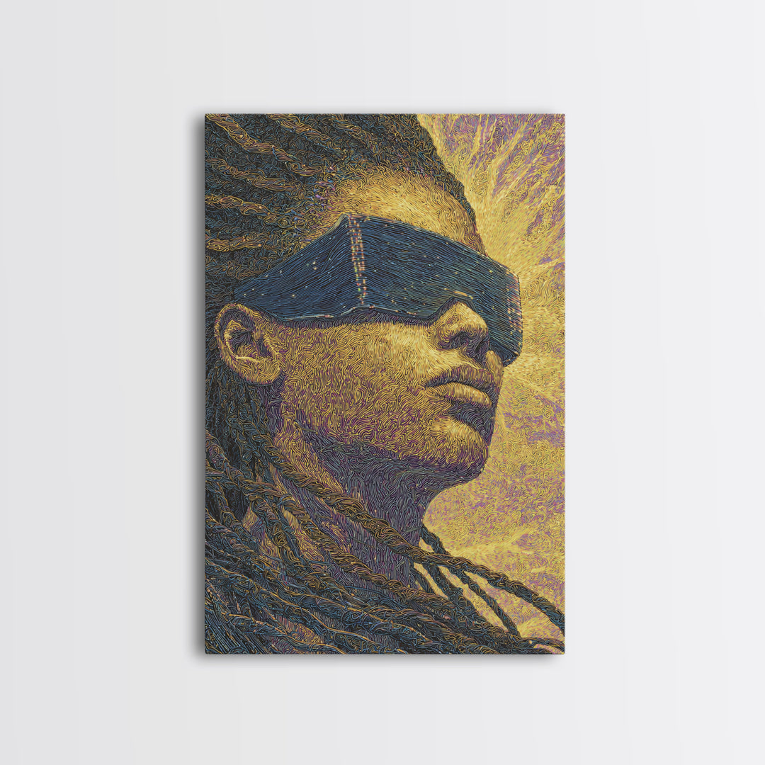 Futuristic Black Woman With Braids And Visor Canvas Print, Afrofuturism Portrait, Modern African Art, Bold Office Decor