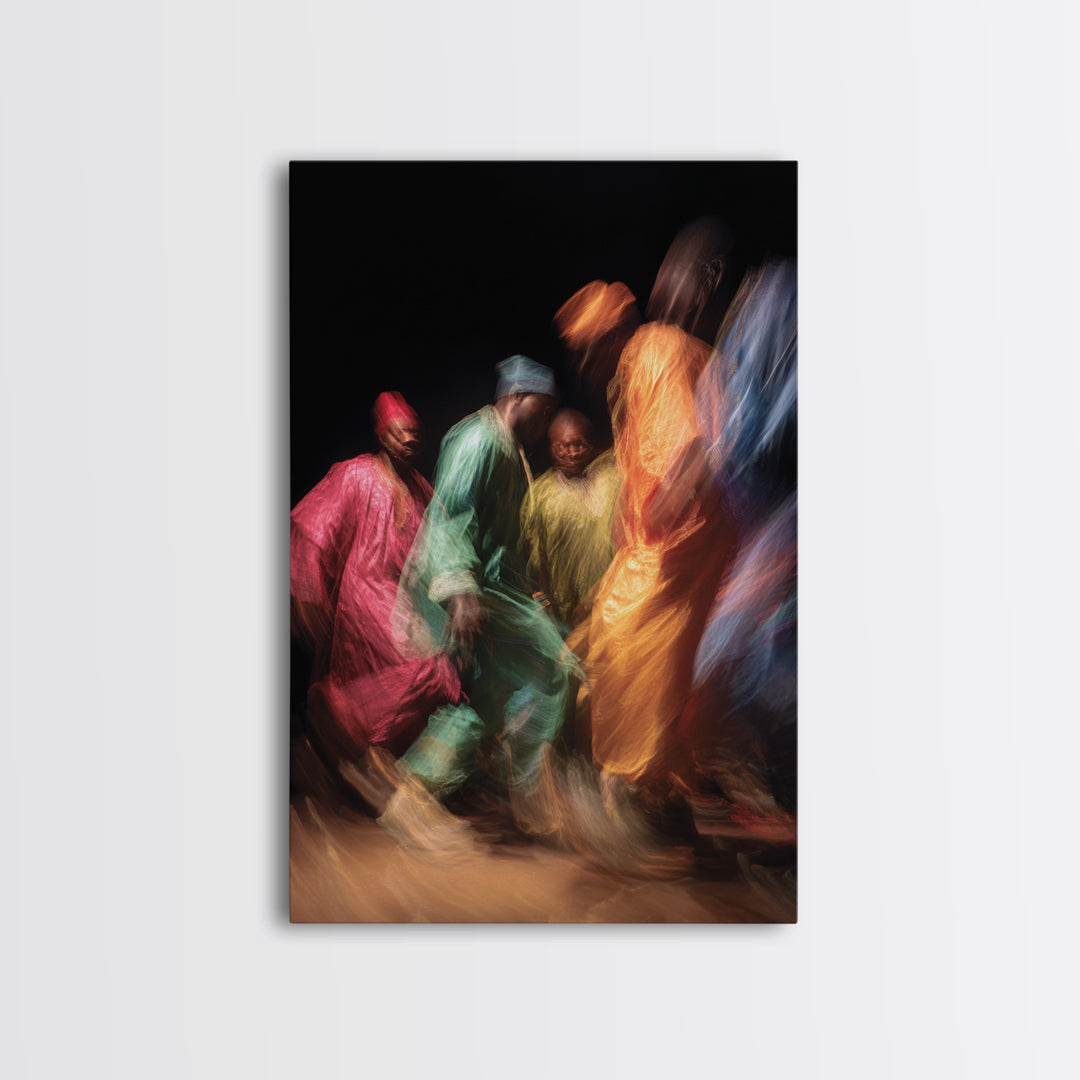 Colorful African Dancers In Flowing Robes Framed Canvas Print, Cultural Celebration Art, Vibrant Ethnic Wall Decor Gift Idea