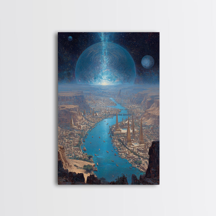 Afrofuturist Blue River City Under Planets Canvas Print, Sci Fi African Inspired Wall Art, Dreamy Landscape Home Decor Gift