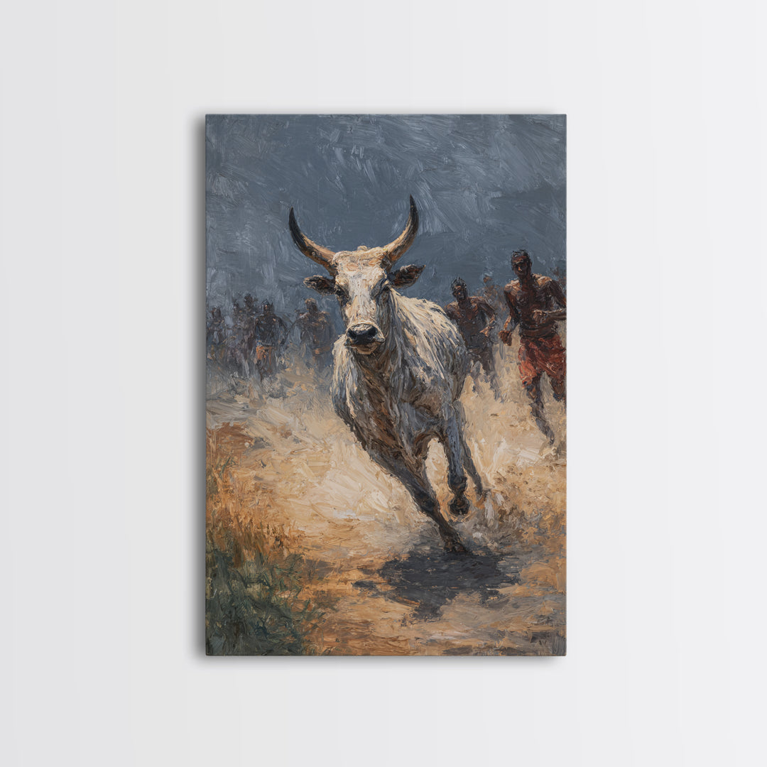 Charging White Bull And Dusty Runners Framed Canvas Print, African Warrior Art, Safari Cattle Race, Rustic Home Decor, Statement Wall Decor