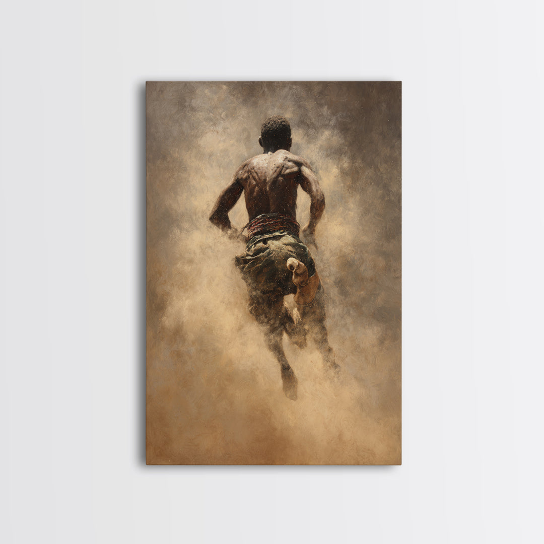 Muscular African Runner In Golden Dust Canvas Print, Black Man Portrait, Warrior Athlete Art, Powerful Statement Wall Decor