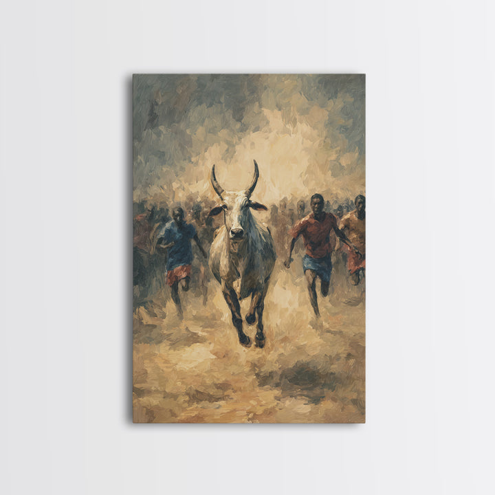 White Bull Racing Through Dust With Runners Framed Canvas Print, African Safari Art, Tribal Warrior Decor, Living Room Wall Art