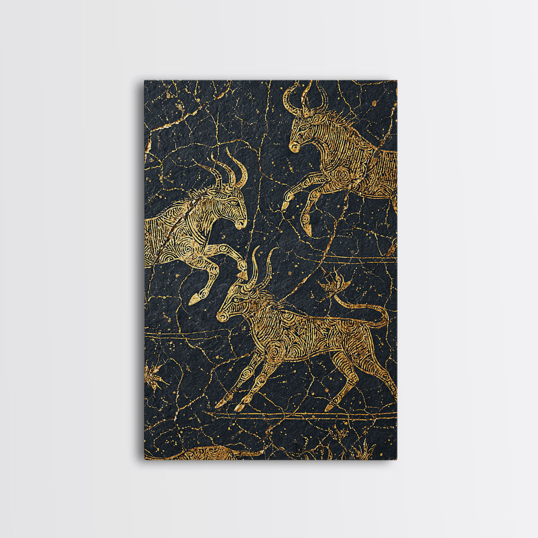 Gold Antelope Herd On Cracked Black Stone Canvas Print, African Animal Art, Tribal Line Drawing, Luxury Safari Wall Decor