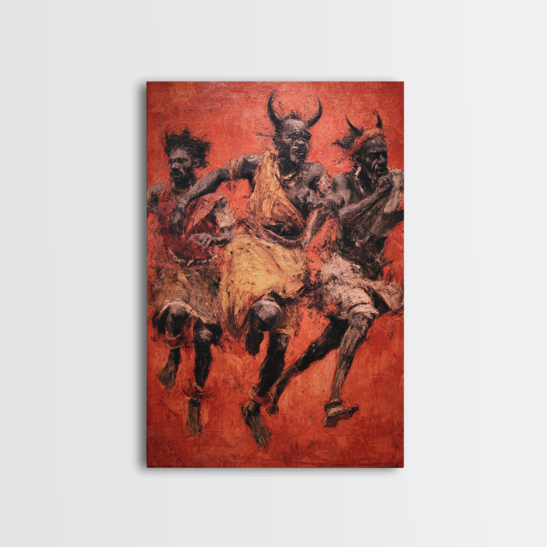 Red Ochre Tribal Dancers With Horned Masks Canvas Print, African Warrior Art, Cultural Wall Decor, Expressive Home Decor