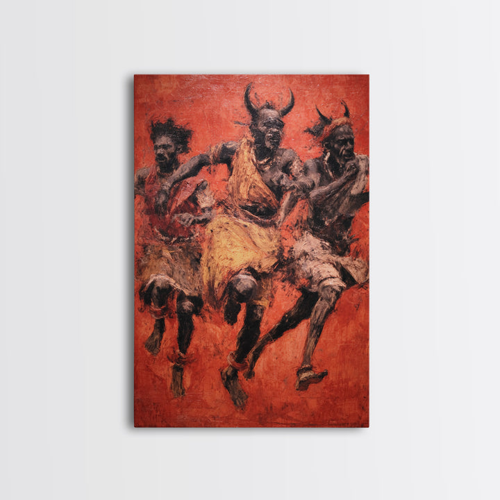 Red Ochre Tribal Dancers With Horned Masks Canvas Print, African Warrior Art, Cultural Wall Decor, Expressive Home Decor