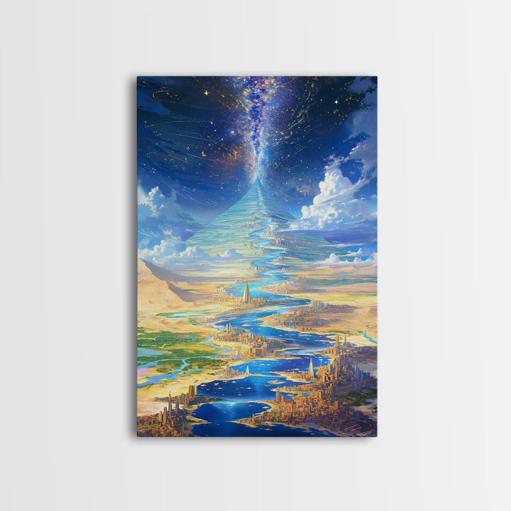 Celestial Pyramid City Beside Blue River Wall Art, African Egyptian Art, Afrofuturism Decor, Dreamy Spiritual Landscape Print