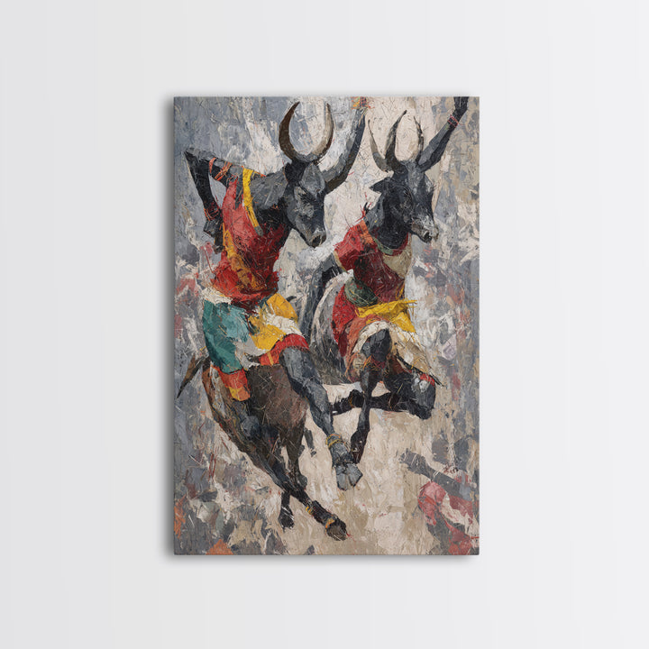 Colorful African Bull Riders Wall Art, Abstract African Art Print, Tribal Safari Decor, Cultural Living Room Canvas Gift