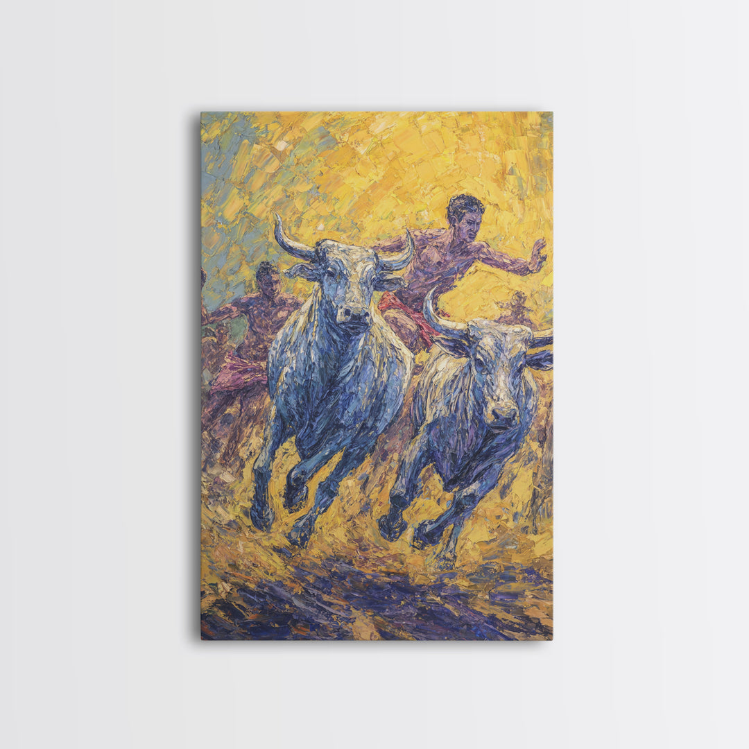 Charging Blue Bulls And Riders Canvas Print, Modern African Art, Warrior Safari Decor, Bold Cultural Wall Decor Gift For Him
