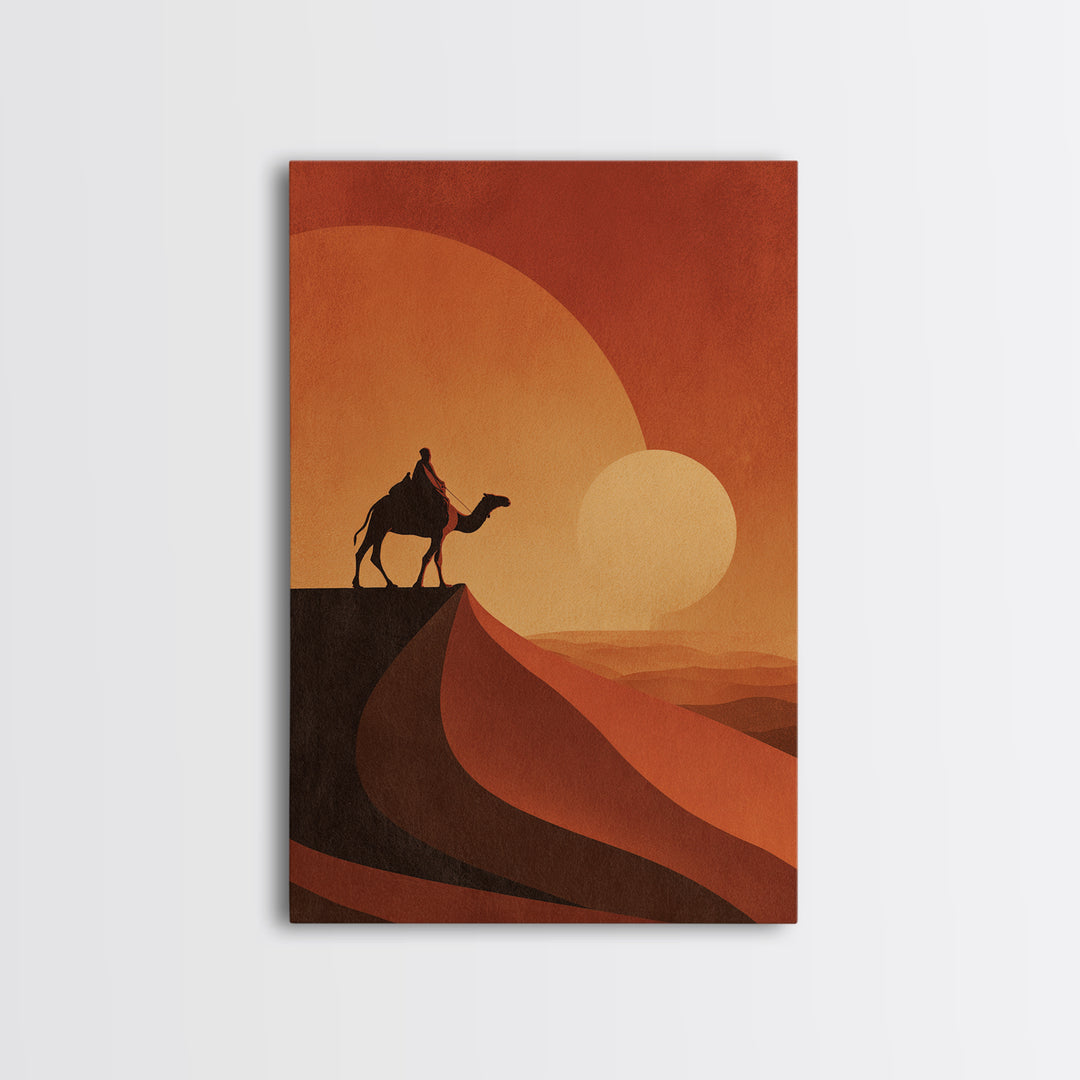 Minimalist Camel Rider Canvas Print, Orange Desert Sun Wall Art, African Travel Poster, Boho Home Decor, Unique Gift Idea