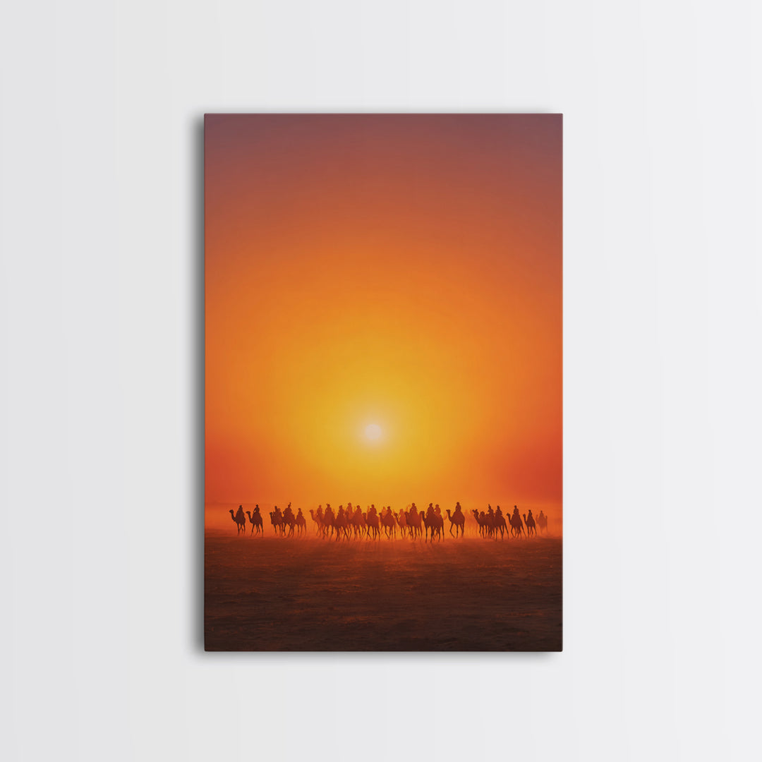 Sunset Camel Caravan Wall Art, African Safari Art, Orange Desert Landscape Poster, Statement Living Room Decor Gift For Him