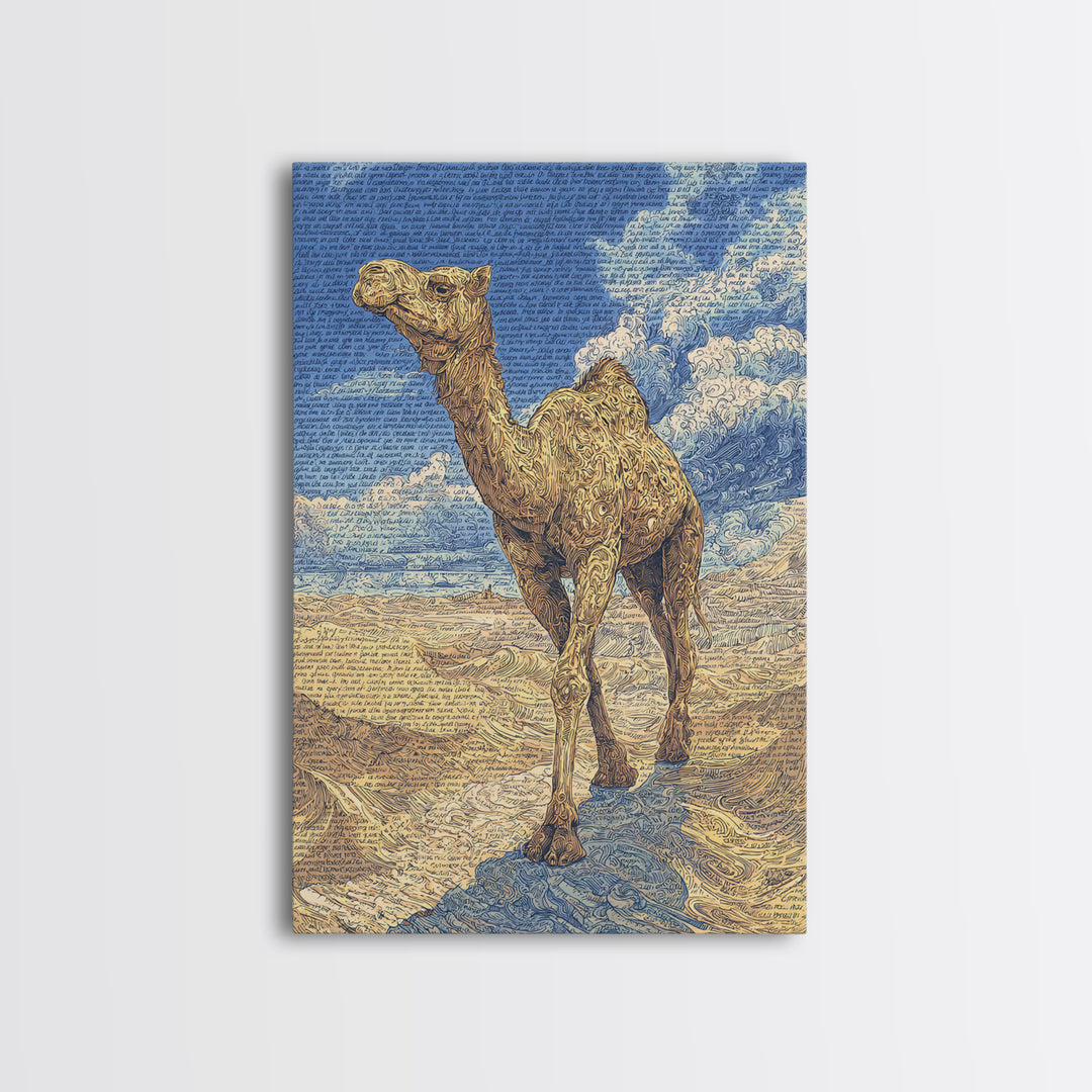 Detailed Camel Portrait Canvas Print, African Desert Landscape, Blue Gold Safari Art, Textured Art Print, Unique Wall Decor