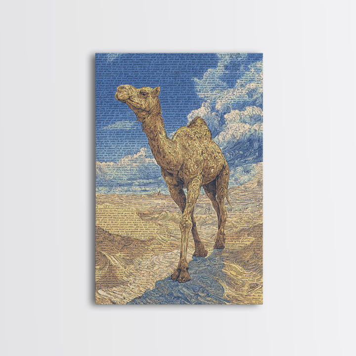 Detailed Camel Portrait Canvas Print, African Desert Landscape, Blue Gold Safari Art, Textured Art Print, Unique Wall Decor