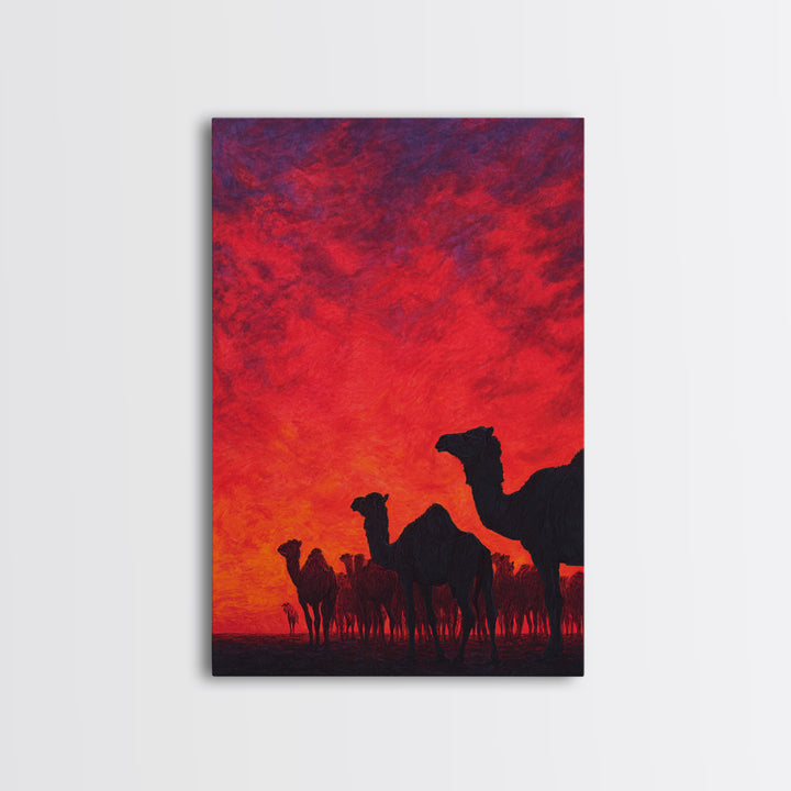 Fiery Red Camel Herd Wall Art, African Safari Art Print, Desert Sunset Poster, Bold Orange Home Decor, Statement Gift Set