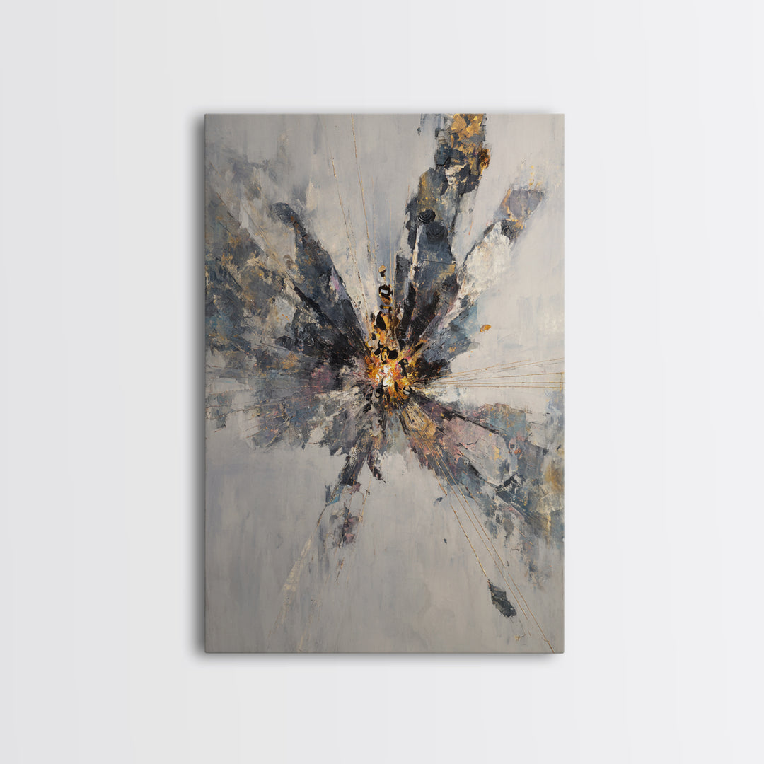 Explosive Gray Gold Abstract Burst Canvas Print, Modern Abstract Wall Art, Luxury Office Decor, Statement Living Room Art