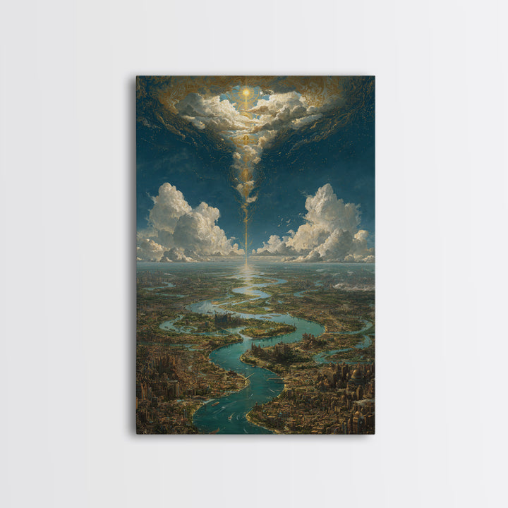 Celestial River City Under Radiant Clouds Wall Art, Dreamy Landscape Canvas Print, Spiritual Sky Decor, Large Home Art Gift