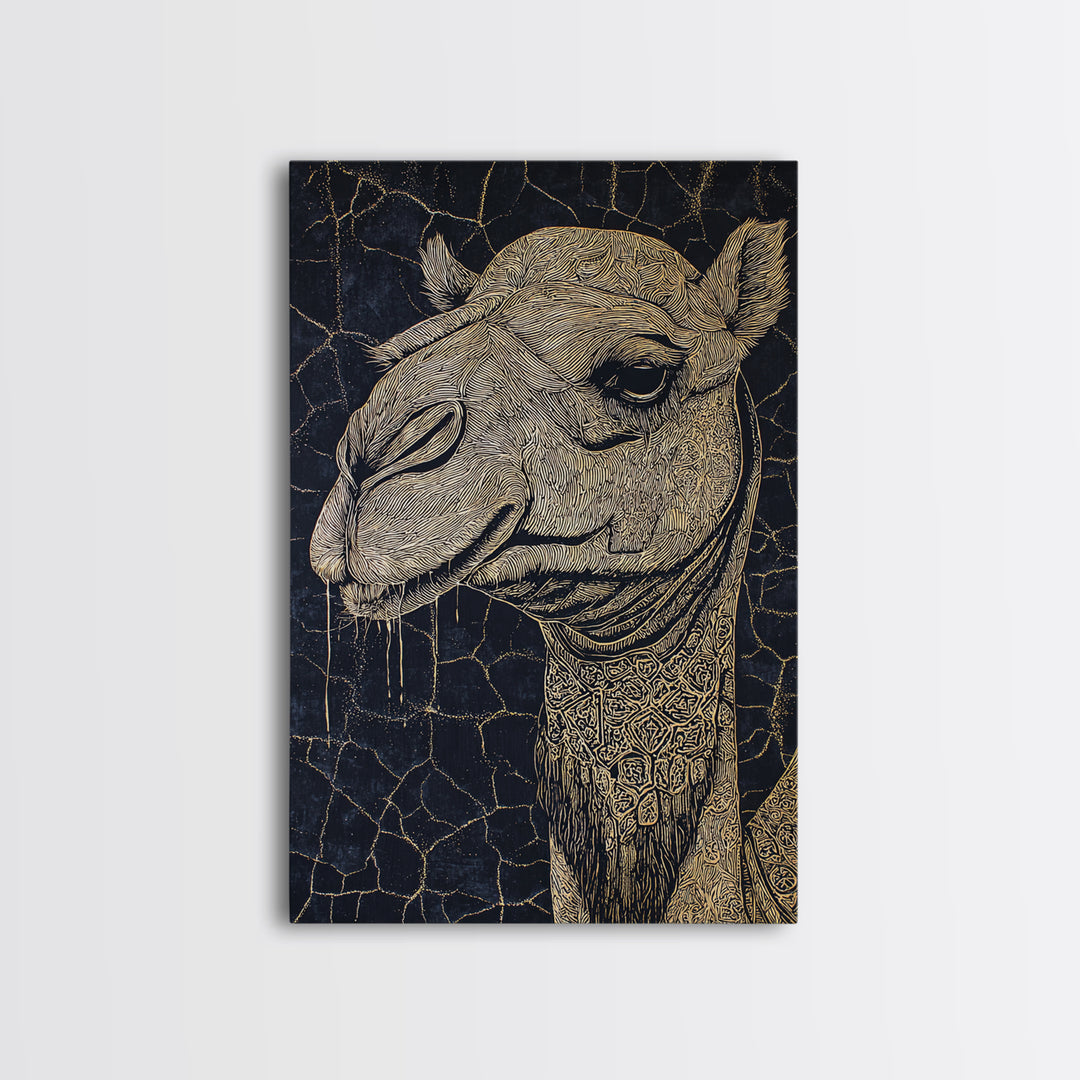 Intricate Gold Camel Portrait Canvas Print, African Safari Wall Art, Black And Gold Animal Art, Boho Desert Home Decor Gift