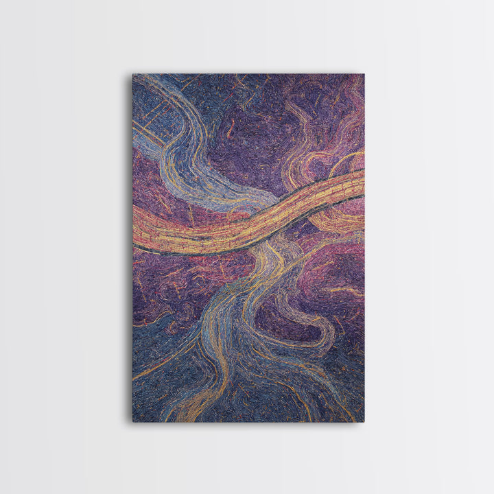Flowing Purple Gold Abstract River Canvas Print, Textile Style Wall Art, Colorful Modern Decor, Boho Living Room Art Gift