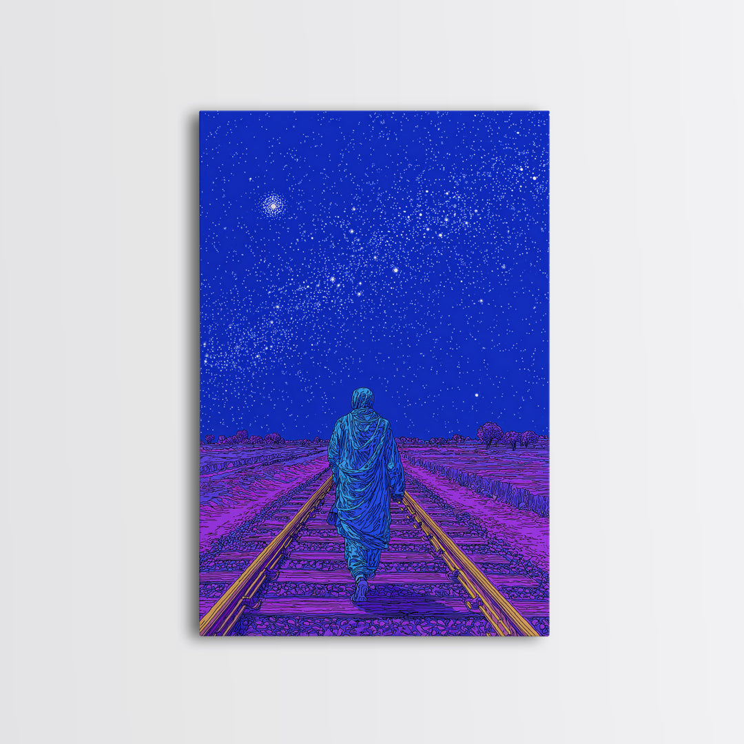 Lone Traveler On Neon Railroad Under Starry Sky Wall Art, Afrofuturism Canvas Print, Mystical Journey Decor, Blue Poster