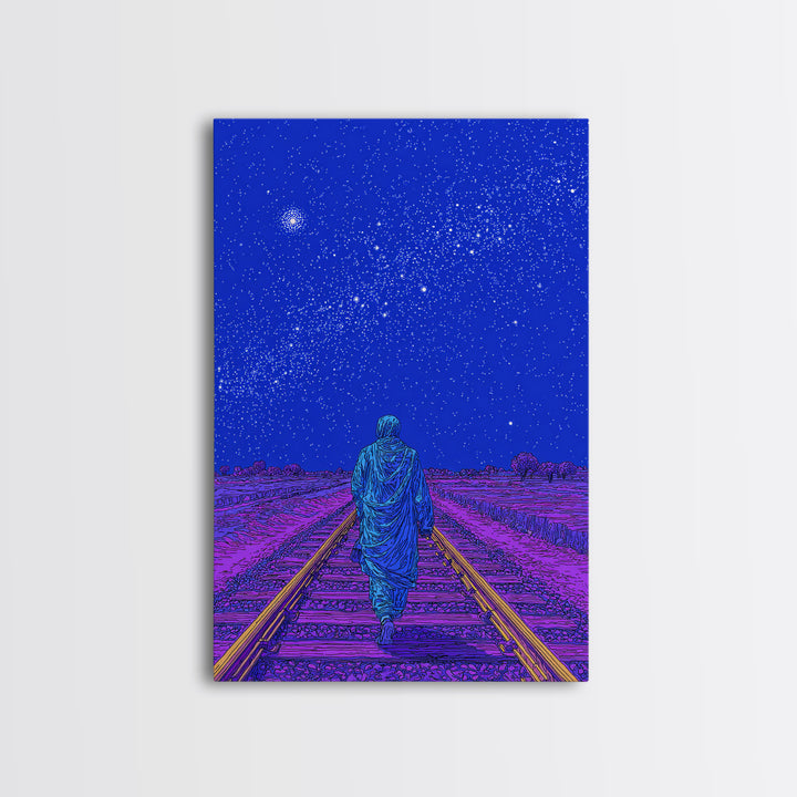 Lone Traveler On Neon Railroad Under Starry Sky Wall Art, Afrofuturism Canvas Print, Mystical Journey Decor, Blue Poster