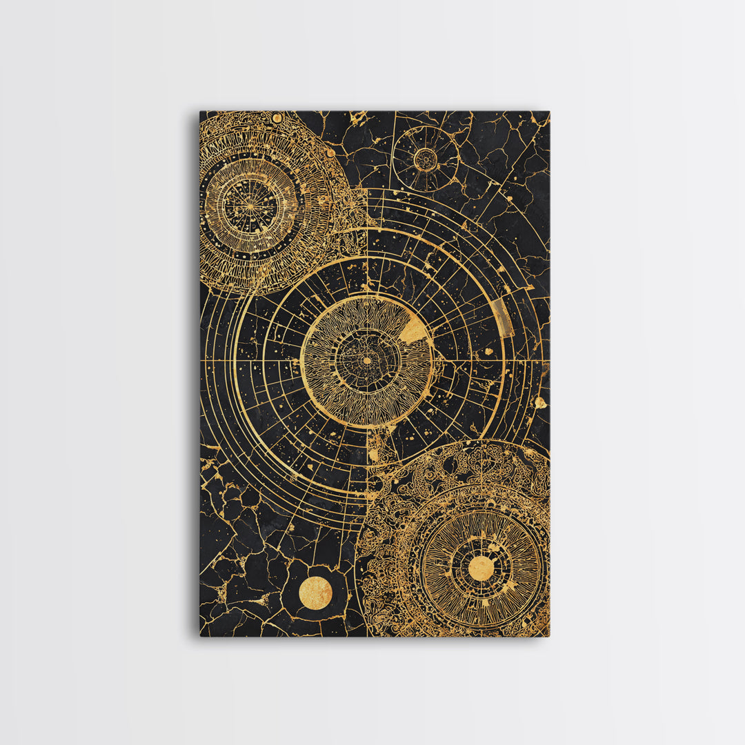 Gold Astronomical Circles On Black Stone Wall Art, Celestial Abstract Canvas Print, Luxury Geometric Decor, Modern Office Art