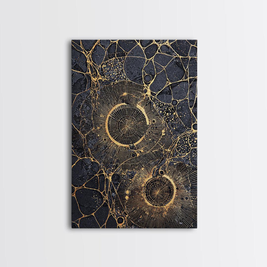 Black Gold Cellular Circles Abstract Wall Art, Textured Celestial Canvas Print, Luxury Modern Decor, Statement Office Art
