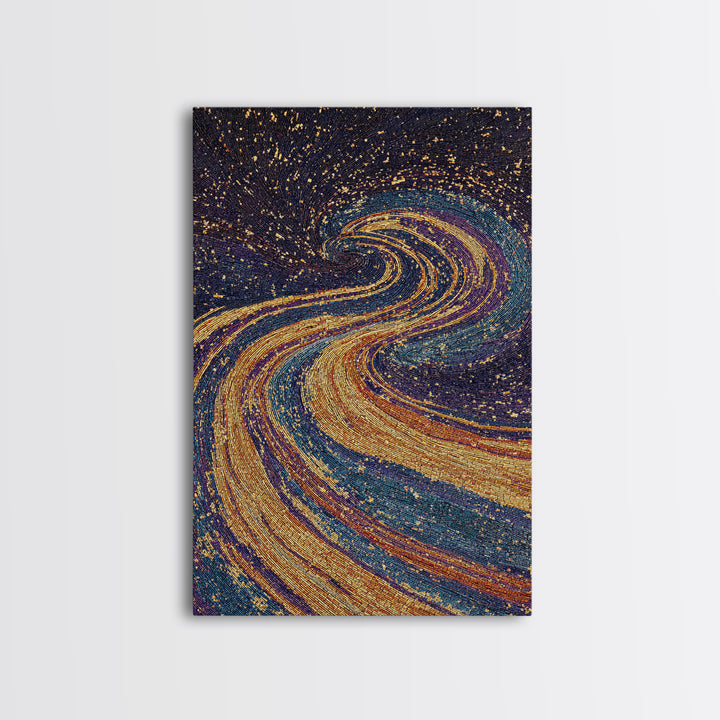 Swirling Gold Blue Cosmic River Canvas Print, Abstract Wall Art, Dreamy Galaxy Decor, Modern Boho Living Room Art Gift Poster