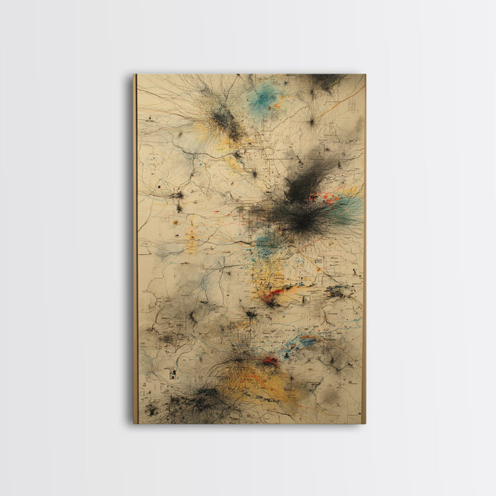 Smoky Beige Network Map Canvas Print, Abstract African Art Decor, Modern Office Wall Decor, Teal Black Gold Line Artwork