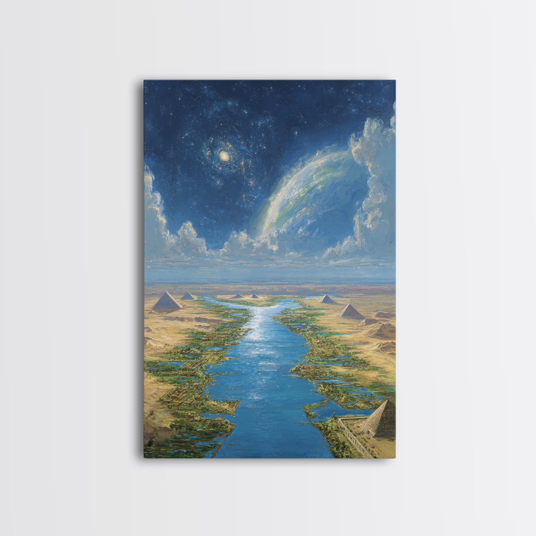 Cosmic Nile Pyramids Landscape Framed Canvas Print, African Egyptian Art, Desert River Wall Decor, Mystical Ancient Artwork