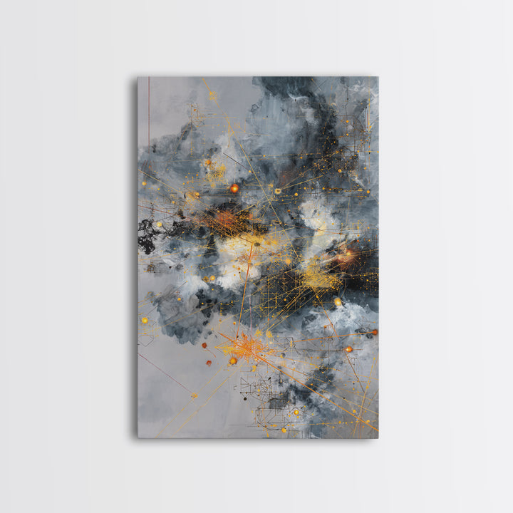 Stormy Gray Gold Network Canvas Print, Abstract African Art Decor, Modern Office Wall Art, Industrial Geometric Line Artwork
