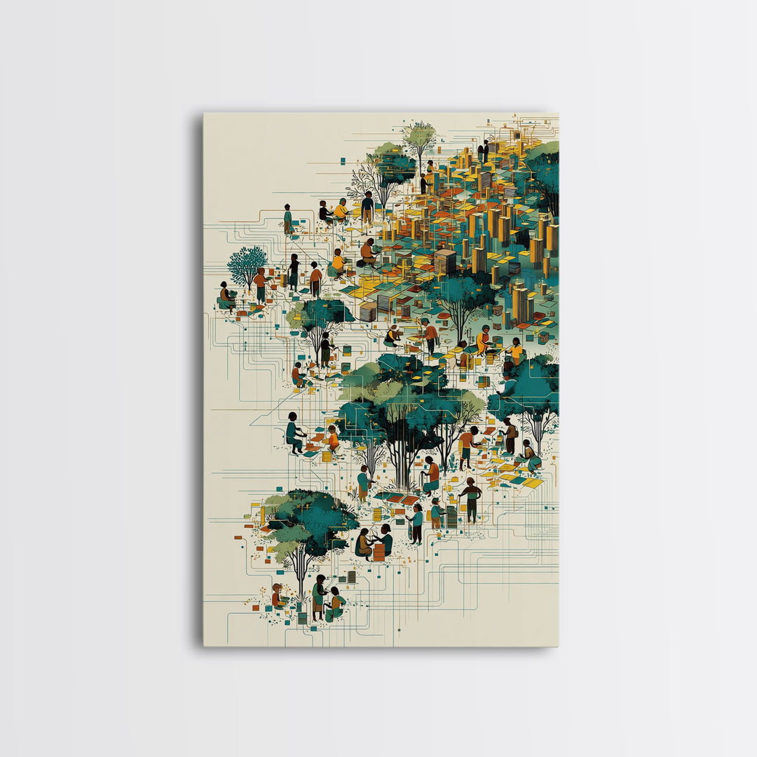 Vibrant African City Community Wall Art, Afrocentric Urban Landscape, Black Culture Art, Modern Teal Gold Decor Canvas Print