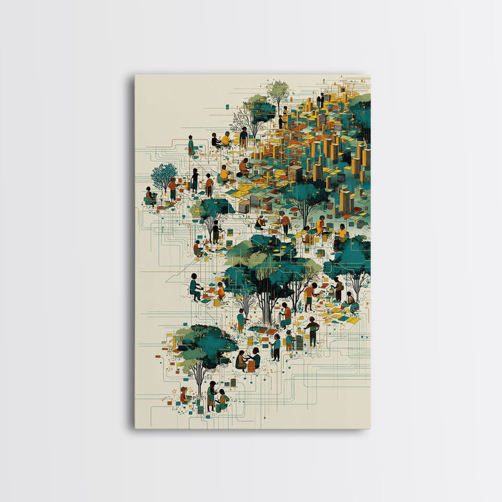 Vibrant African City Community Wall Art, Afrocentric Urban Landscape, Black Culture Art, Modern Teal Gold Decor Canvas Print