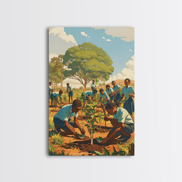 African School Garden Tree Planting Framed Canvas Print, Black Children Art, Community Nature Scene, Cultural Wall Decor