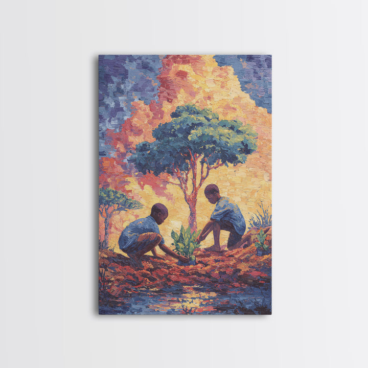 Two Boys Plant Saplings By River Under Acacia Tree Wall Art, African Landscape, Afrocentric Decor, Earth Tone Home Decor