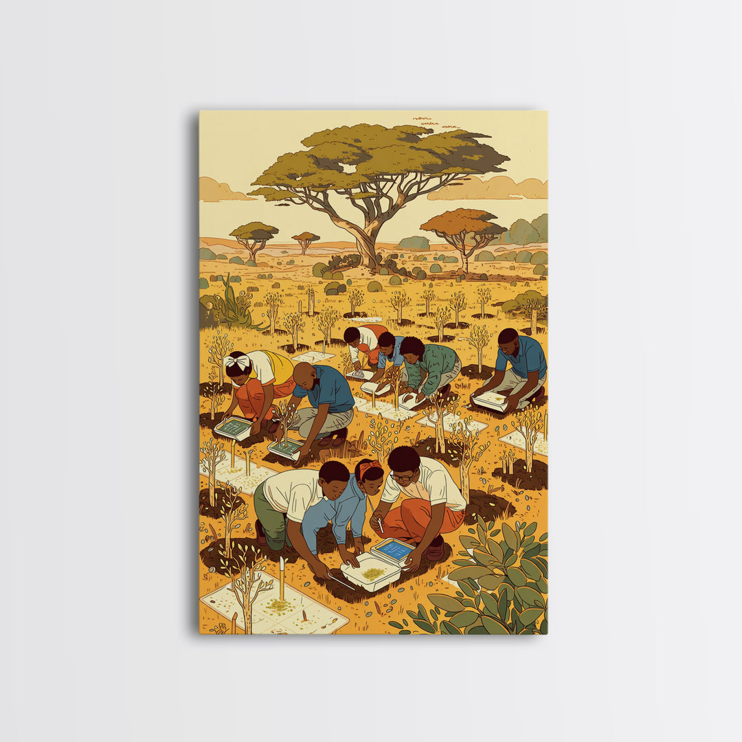 Children Planting Saplings In Golden Savanna Canvas Print, African Safari Art, Classroom Decor, Cultural Artwork Gift For Kids