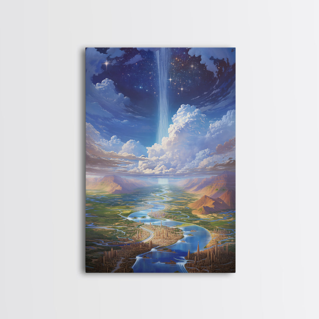 Celestial River City With Starry Waterfall Canvas Print, Dreamy Wall Art, Blue Home Decor Gift, Large Decor Art, Statement Wall Art