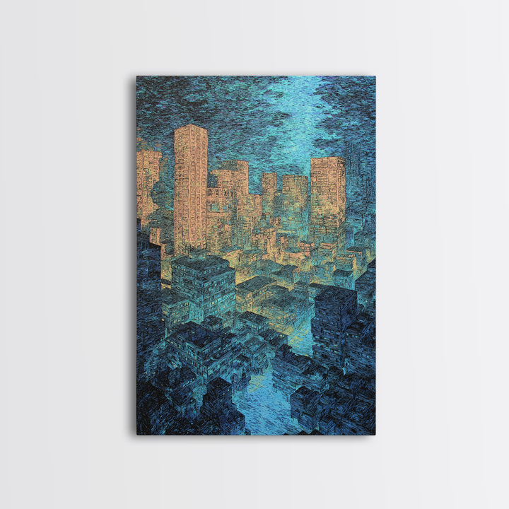 Textured Blue Gold City Skyline Wall Art, Modern Urban Office Decor, Contemporary Canvas, Luxury Canvas Art Print, Large Wall Art Prints