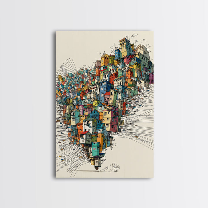 Stacked Colorful Hillside Houses Framed Canvas Print, Urban Wall Art, Geometric Design, Bold Home Decor Gift, Statement Wall Art