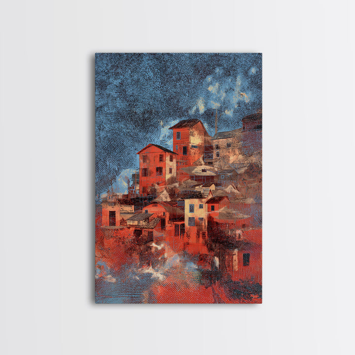 Red Hillside Village At Starry Night Canvas Print, Cozy Winter Wall Art, Rustic Decor, Unique Home Decor Gift, Orange Blue Painting