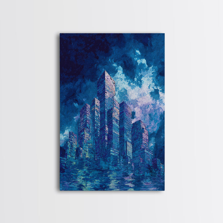 Blue Futuristic Skyline Framed Canvas Print, Modern City Wall Decor, Urban Architecture Art, Luxury Canvas Art For Office