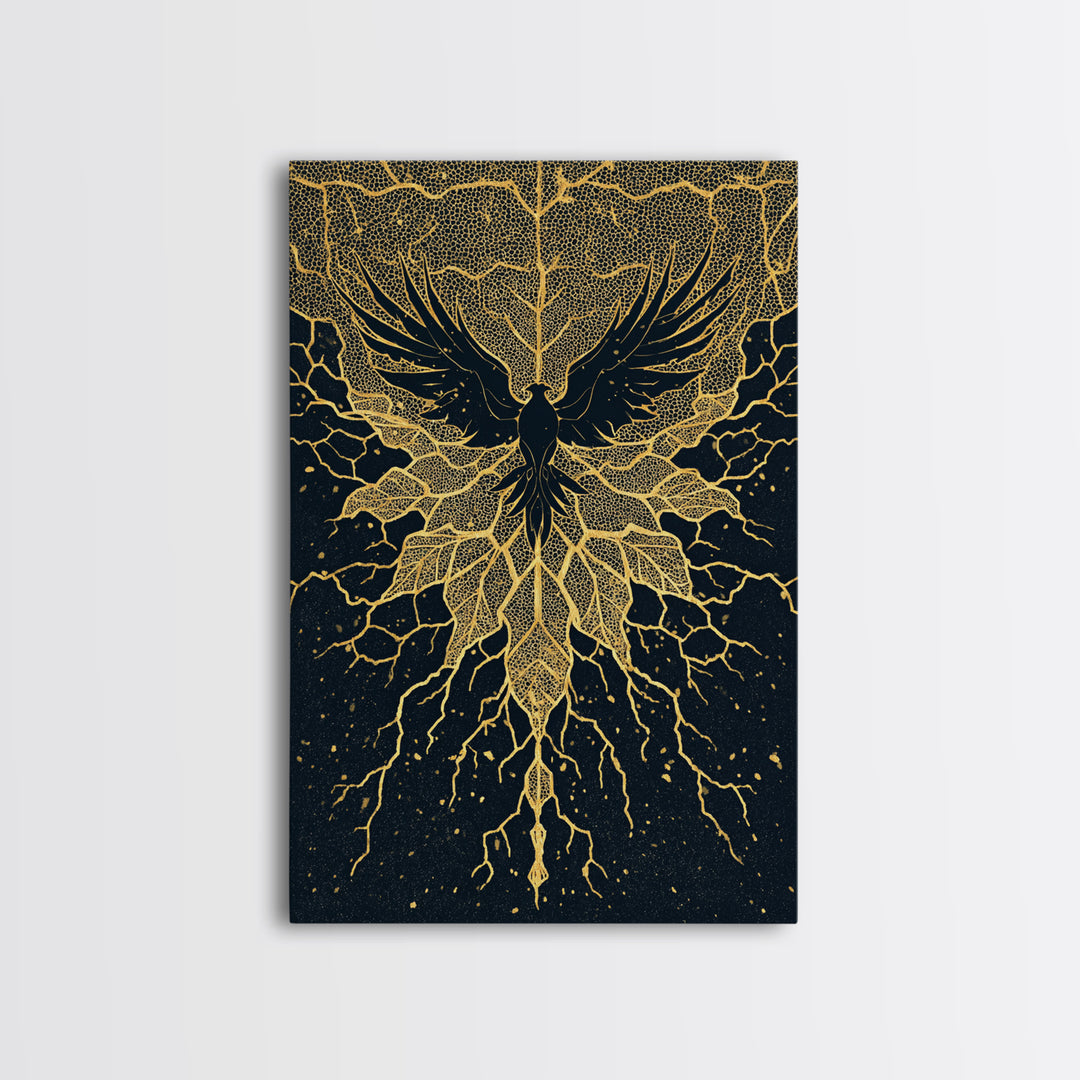 Black And Gold Bird With Roots Wall Art, Spiritual Wall Decor, Mystical Wall Art, Elegant Home Decor, Unique Canvas Art Print
